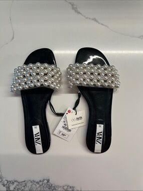 ZARA Black Slide Sandals with Pearl Cluster Strap